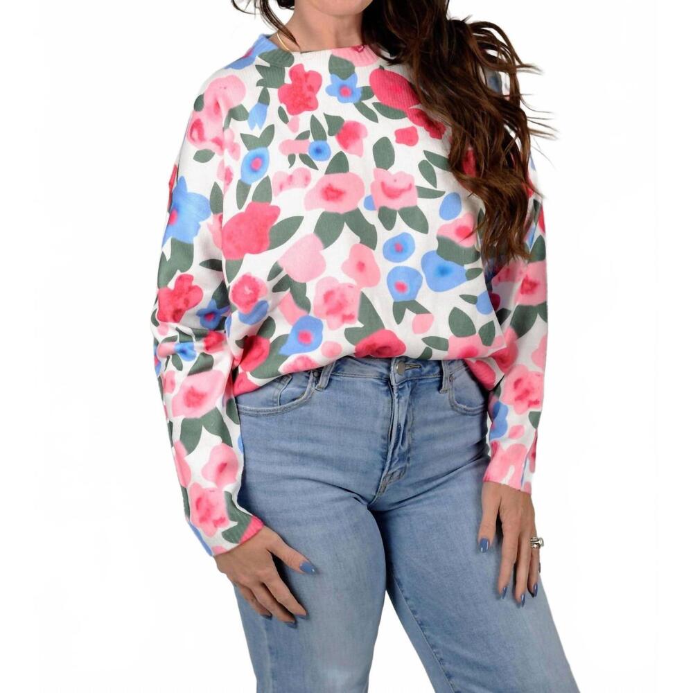 NEW BIBI spring awakening floral sweater in white/ pink